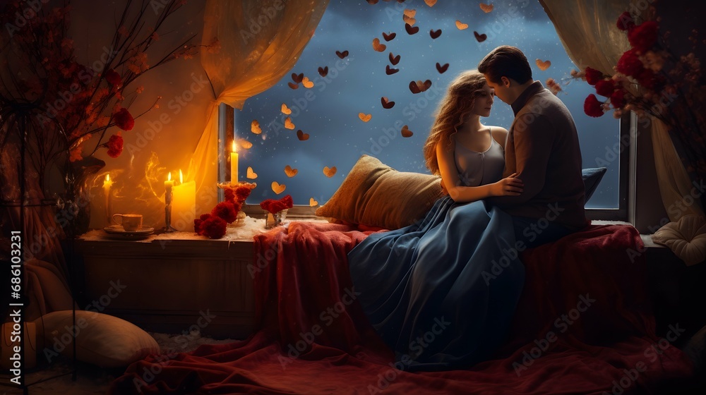 Valentines Day digital backdrop, romantic city, love couple Valentines Day digital backdrop, romantic city, love couple