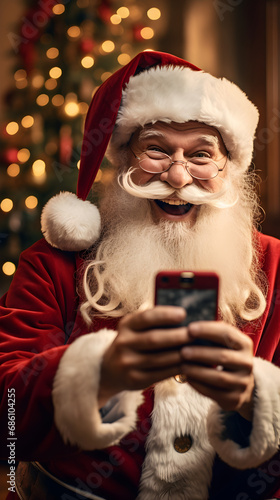 santa claus with christmas tree and phone