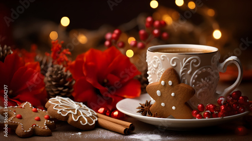 Hot mug and gingerbread, Christmas atmosphere