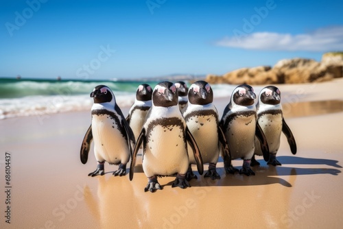 Photo of a group of penguins waddling on the beach. Generative AI
