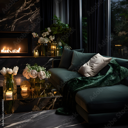 Interior living room minimalism green, Beautiful Christmas aesthetic, dark color palette