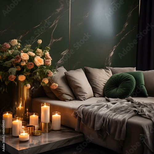Interior living room minimalism green, Beautiful Christmas aesthetic, dark color palette