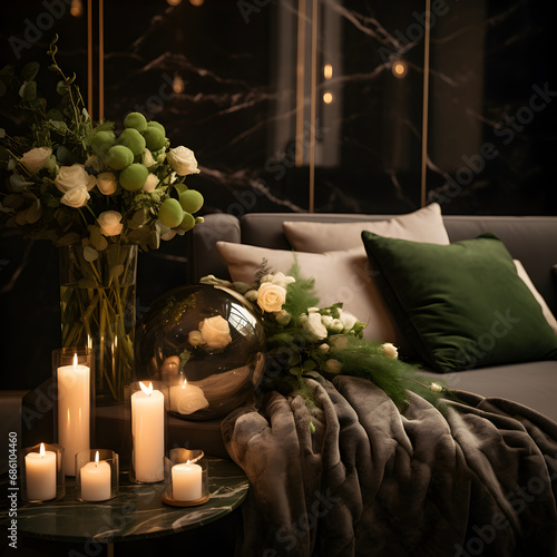 Interior living room minimalism green, Beautiful Christmas aesthetic, dark color palette