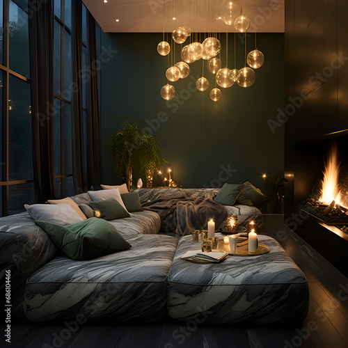 Interior living room minimalism green, Beautiful Christmas aesthetic, dark color palette