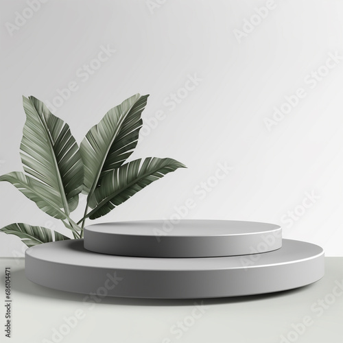 3d gray stage background product display podium scene with leaf platform, ai technology