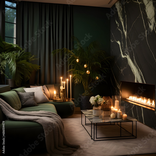Interior living room minimalism green, Beautiful Christmas aesthetic, dark color palette