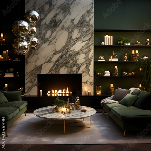 Interior living room minimalism green, Beautiful Christmas aesthetic, dark color palette