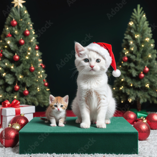 3D Christmas podium with cute Cat in red Christmas Santa Claus hat, Christmas trees and gift boxes decorations elements, Empty display presentation product, isolated on white