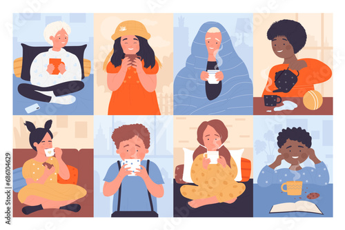 Kids drinking hot drinks set vector illustration. Cartoon children hold mugs with hot tea, chocolate or coffee with milk, boy and girl sitting at home table with cups or under blanket to keep warm