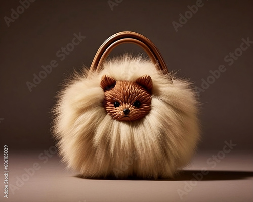 Women's handbags shaped like fluffy Pomeranian dogs. Stylish women's handbag. Fashion outfit. photo