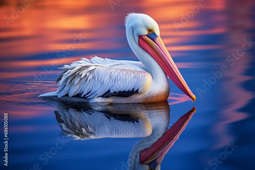 Photo of a pelican's reflection on calm water. Generative AI