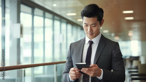 korean businessman entrepreneur holding smartphone reading messages on cellphone in office. generative AI