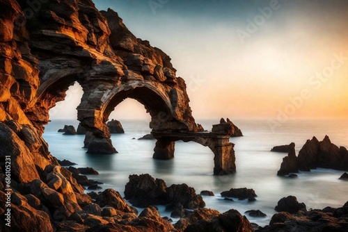 A coastal arch bathed in the soft light of dawn, framing a view of the open sea.   © IBRAHEEM'S AI