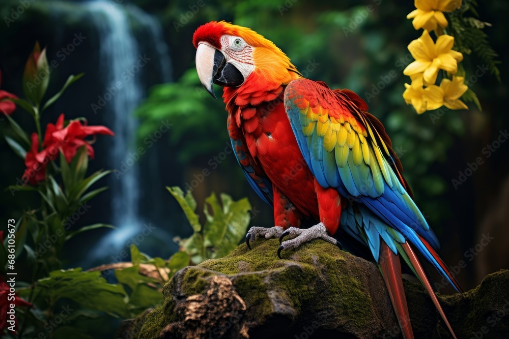 Photo of a vibrant parrot in a tropical rainforest setting. Generative AI