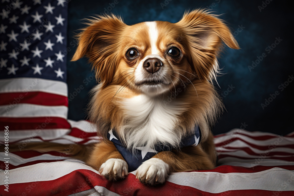 A Chihuahua dog lies against the background of the US flag. Elections, US Independence Day. Patriotic dog. Generative AI A Chihuahua dog lies against the background of the US flag. Elections, US Independence Day. Patriotic dog. Generative AI