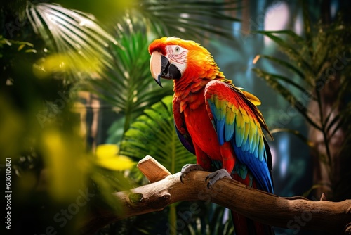 Photo of a vibrant parrot in a tropical rainforest setting. Generative AI © Aditya