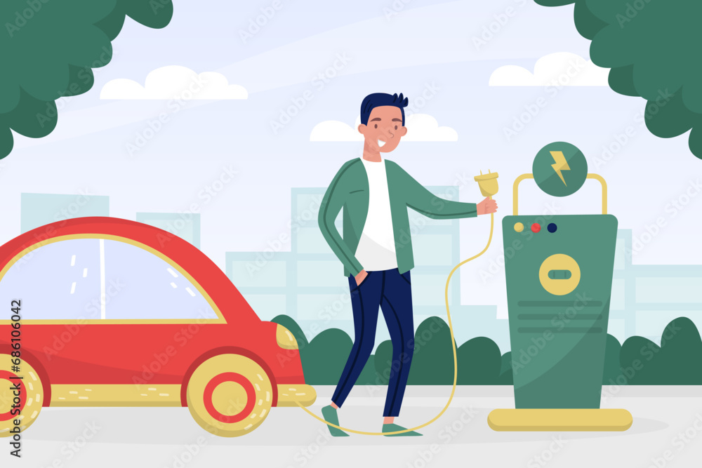Eco and Nature with Happy Man Character Charging Electric Car with Plug Vector Illustration Eco and Nature with Happy Man Character Charging Electric Car with Plug Vector Illustration