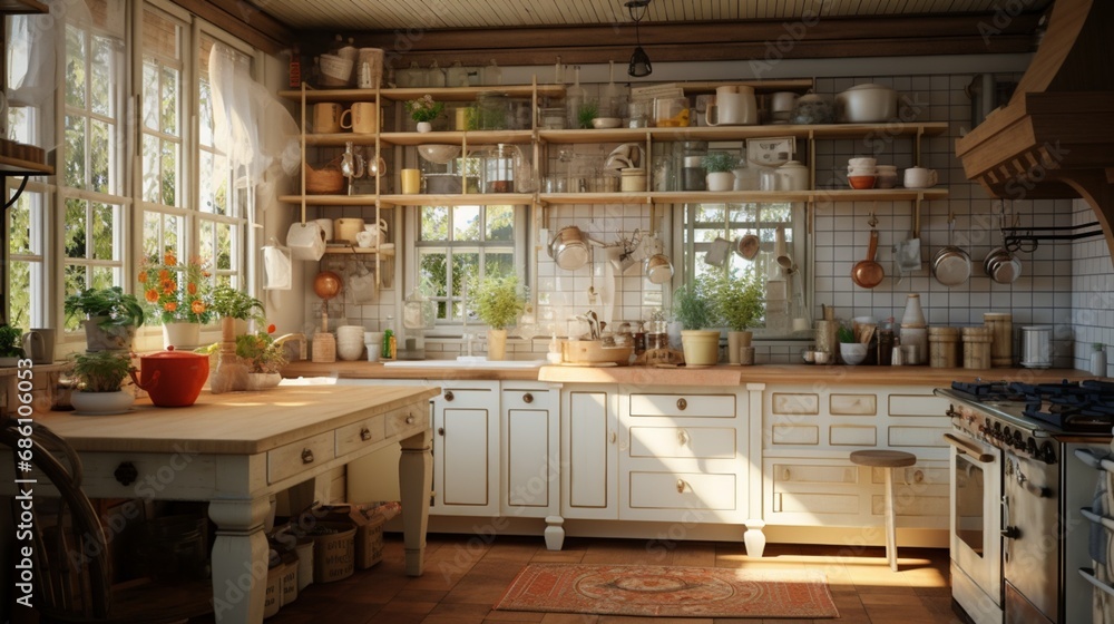 a cozy, cottage-style kitchen with warm wooden accents, vintage tiles, and a farmhouse sink.