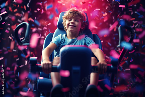 Cute caucasian boy sitting in a virtual cinema on moving rotating chairs and emotionally watching a movie in an amusement park with confetti flying around him. © Bojan