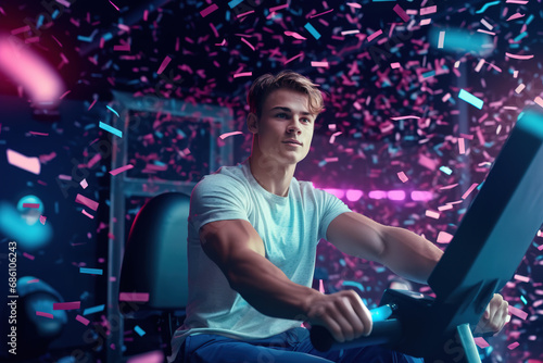 Handsome young sports caucasian man in sportswear cycling bike at gym with confetti falling around him. Cardio training, exercising legs, cardio workout indoors. © Bojan