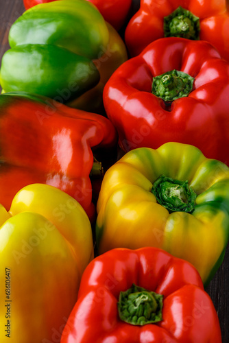 Colorful bell peppers.Close up of assorted red and yellow bell peppers bell pepper capcicum . Also known as Sweet pepper  Pepper or Capsicum.top view