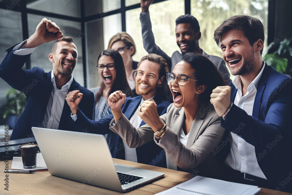 Group of happy business people celebrating success, raising hands with fist gesture at laptop in modern office. Group of happy business people celebrating success, raising hands with fist gesture at laptop in modern office.