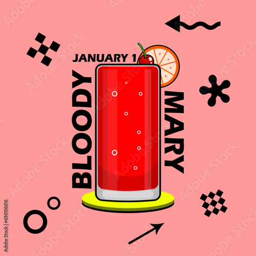 National Bloody Mary Day event banner. A glass of Bloody Mary drink with lemon slices and cherry, with bold text and elements on pink background to celebrate on January 1st