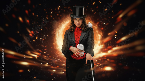 Captivating magician holding a wand with doves on a fiery background