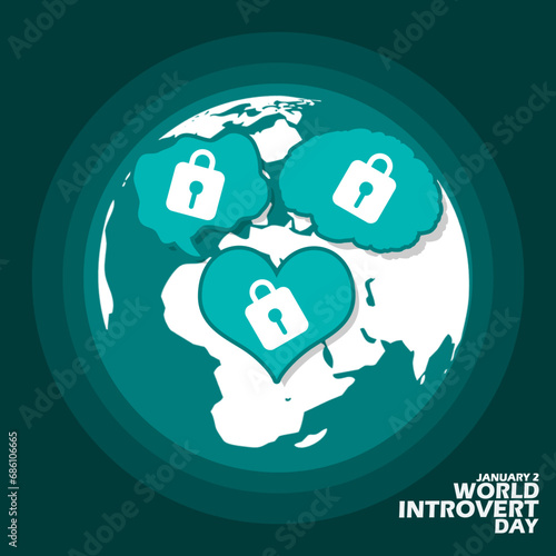 World Introvert Day event banner. A heart, brain and bubble text each containing a padlock on earth with bold text on dark turquoise background to commemorate on January 2