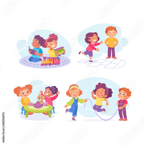 Cute Kids Playing Game and Have Fun Vector Set