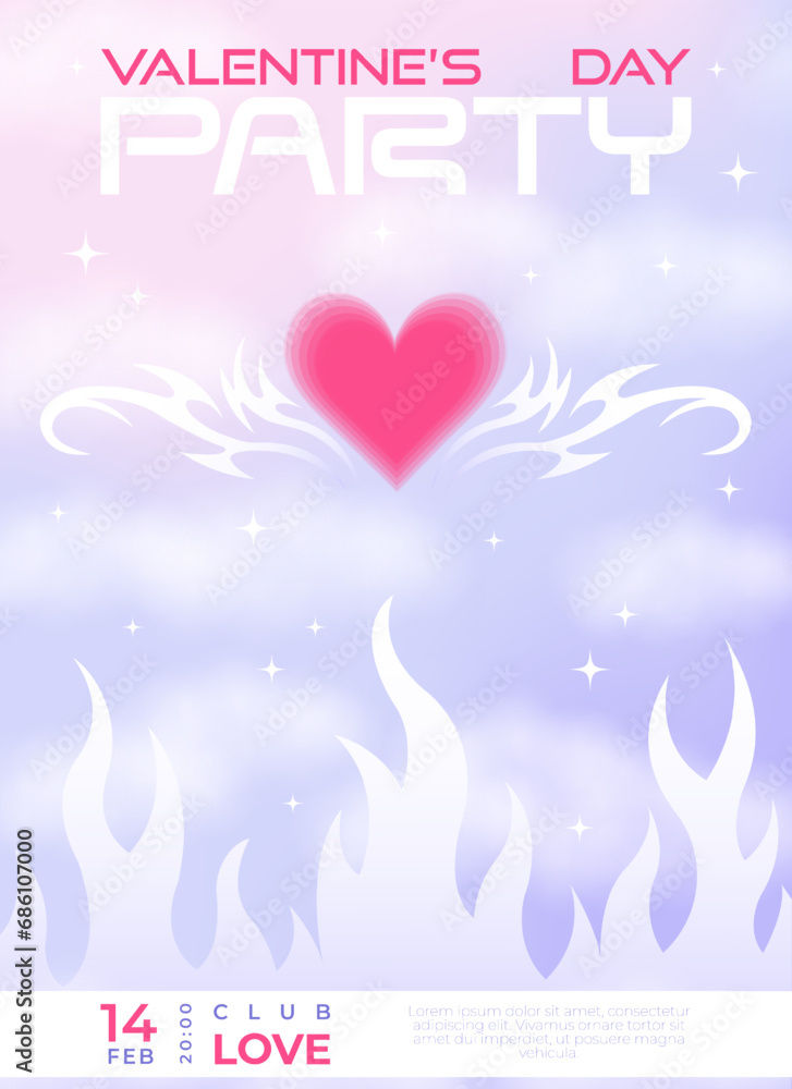 Modern y2k design Valentine's Day party invitation and poster. Trendy vector illustration with aura heart in clouds, flame, tatoo, shapes, stars, gradient and typography. Modern y2k design Valentine's Day party invitation and poster. Trendy vector illustration with aura heart in clouds, flame, tatoo, shapes, stars, gradient and typography.