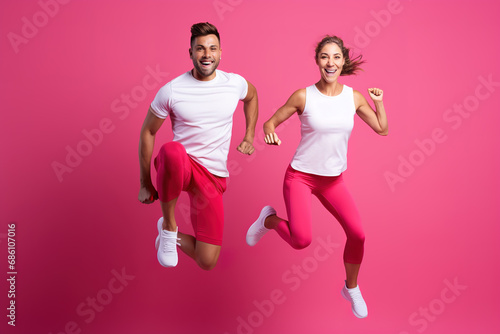 Cheerful Cheerful sporty couple in stylish fitness wear jumping together with hands holding fist over pink background.