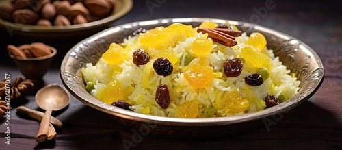 Sweet modur pulao from Kashmir made with sugared rice, saffron-infused water, and dried fruits. photo