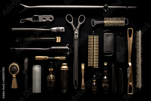 Collection of professional hair dresser tools arranged on black background photo