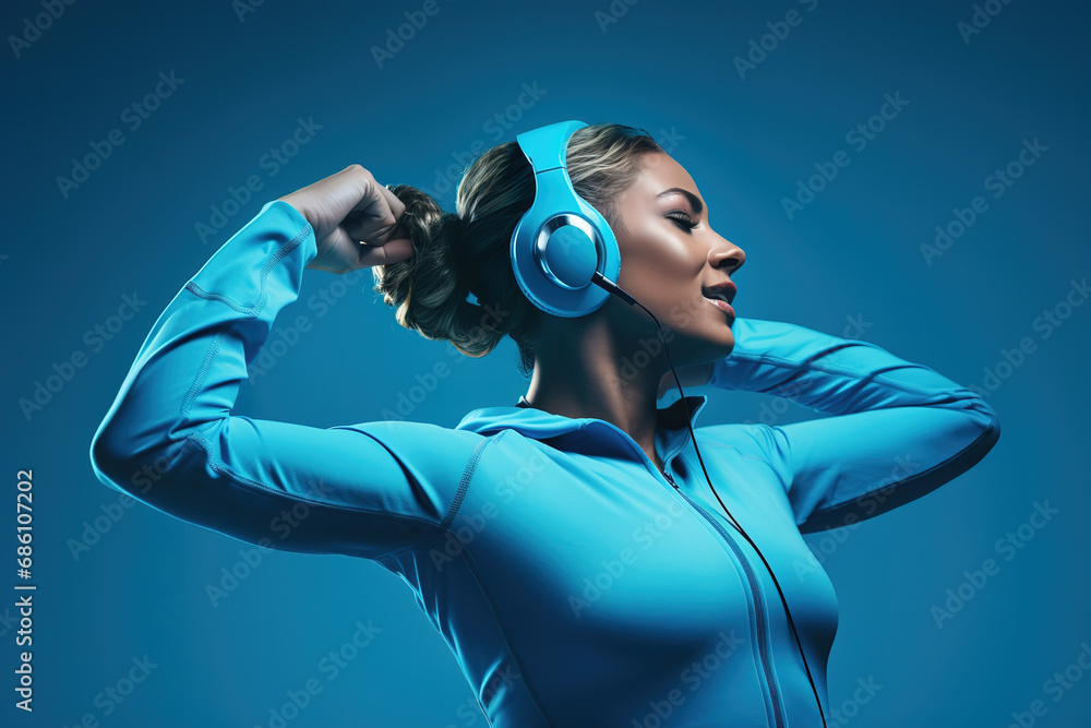 Side view of sporty woman with headphones enjoying listening to music over blue background. Side view of sporty woman with headphones enjoying listening to music over blue background.