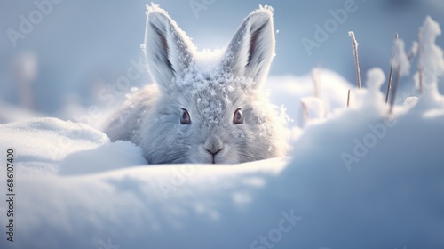 A curious arctic hare with its nose buried in the snow, searching for hidden treasures in the frozen landscape.