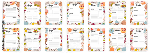 Recipe cards. Culinary book blank pages with doodle kitchen tools vector set