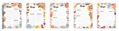 Recipe cards. Culinary book blank pages with doodle kitchen tools vector set