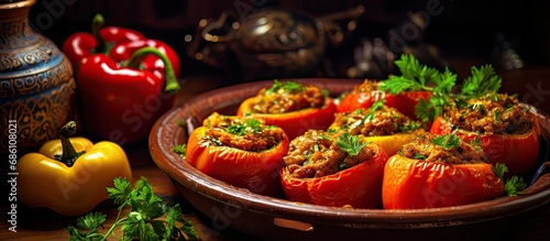 Turkish stuffed bell peppers with meat, a scrumptious traditional dish (Etli biber dolmasi). photo