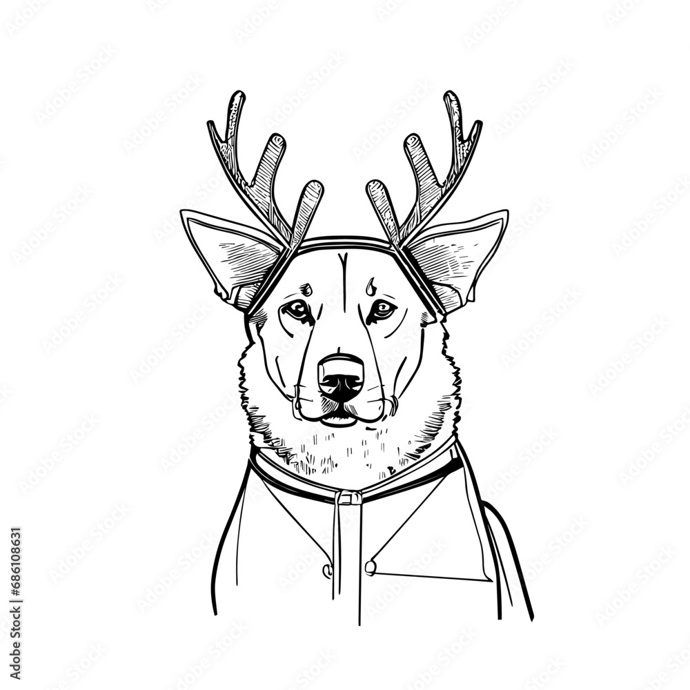Hand drawing illustration dog wearing a christmas suit
