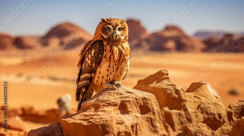 A desert owl perched in the cool shade of an ancient desert rock formation, blending with its surroundings.