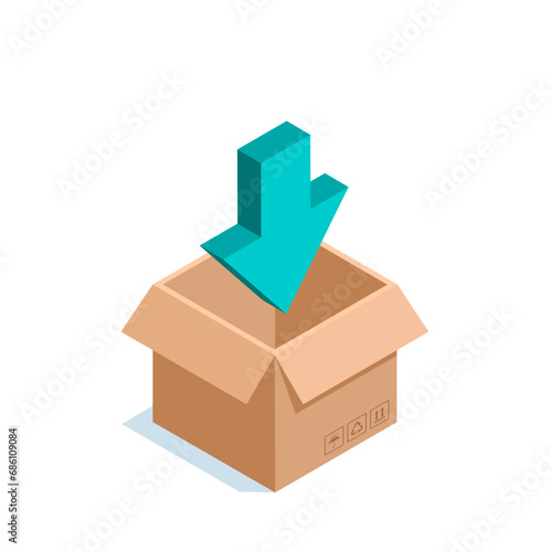 isometric cardboard box and down arrow, in color on white background, cargo loading or packaging