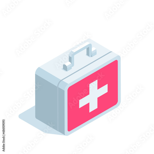isometric first aid kit, in color on a white background, storage of medicines or medical aid