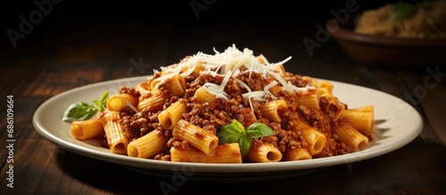 Traditional Italian rigatoni with Bolognese sauce and cheese.