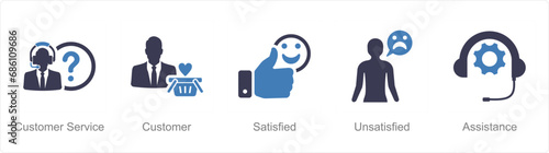 A set of 5 Customer service icons as customer service, customer, satisfied