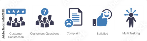A set of 5 Customer service icons as customer satisfaction, customer questions, complaint