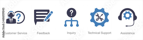 A set of 5 Customer service icons as customer service, feedback, inquiry