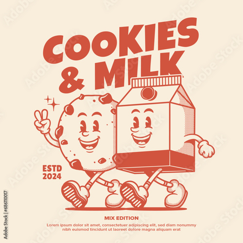Cookies and milk cartoon mascot, retro mascot character