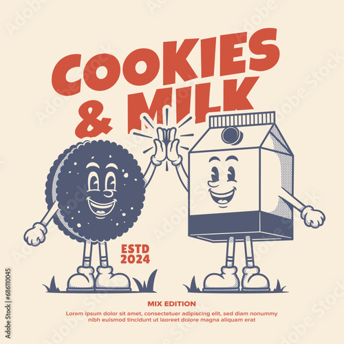 Cookies and milk cartoon mascot, retro mascot character