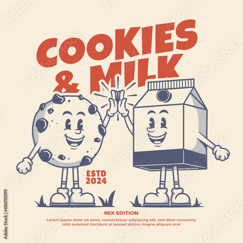 Cookies and milk cartoon mascot, retro mascot character